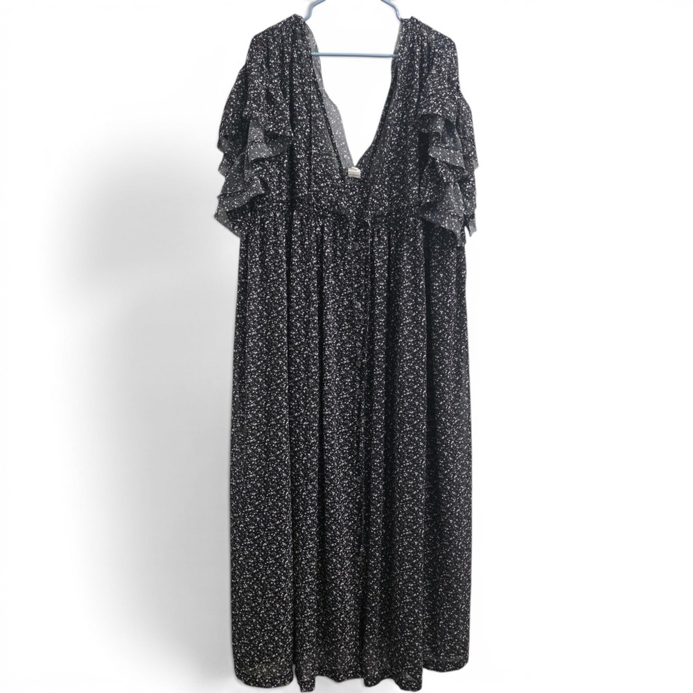Flawless Black Floral Maxi Dress Ruffle Sleeve V-Neck Button Front Boho Large